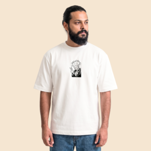 Gojo anime oversized white Terry Cotton T-shirt with black front artwork