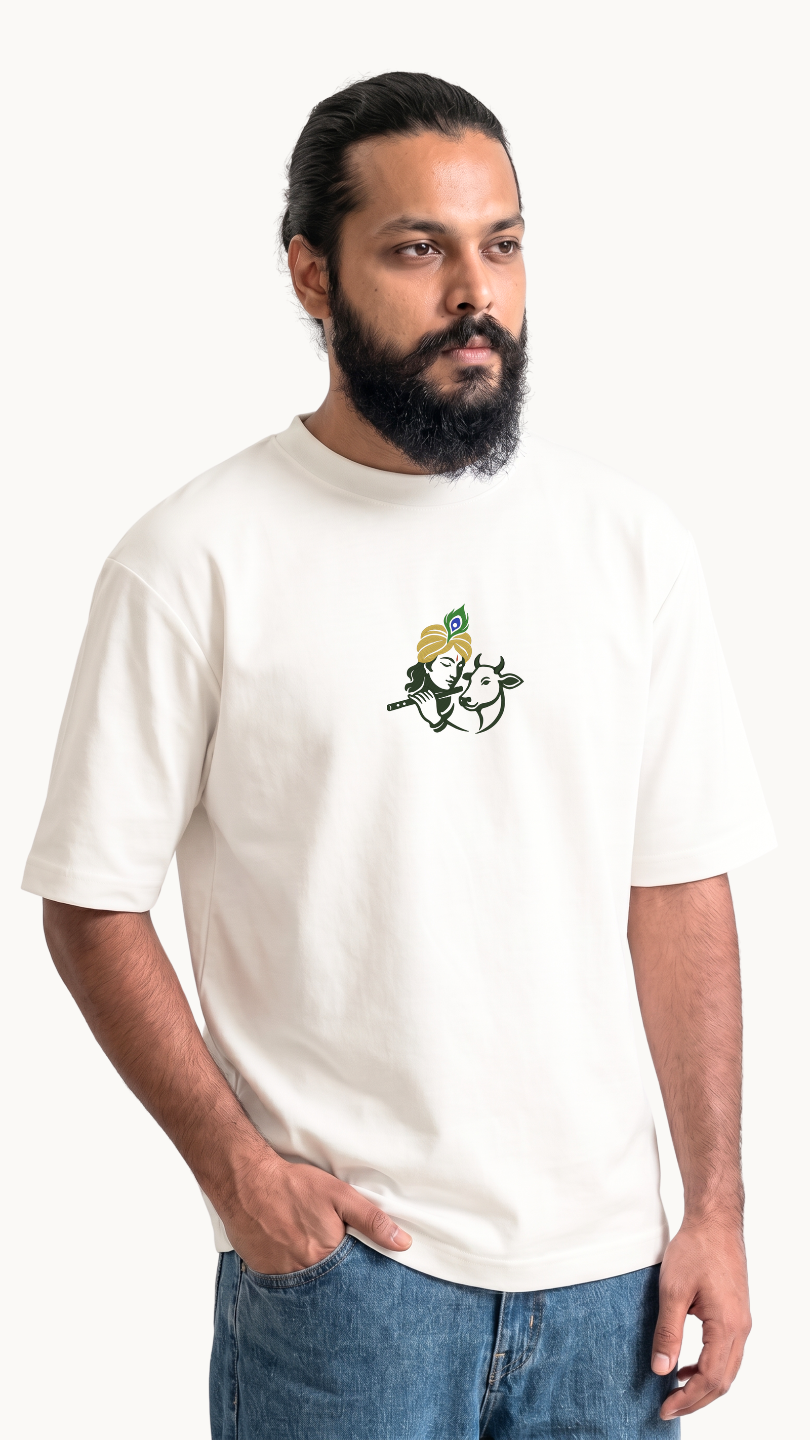 Krishna & Cow Divine Embroidered Oversized T-Shirt