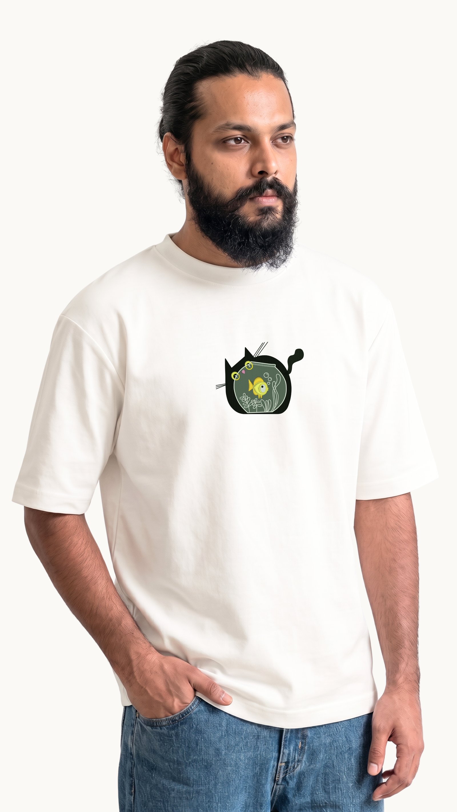Midnight Cat Embroidered Oversized T-Shirt